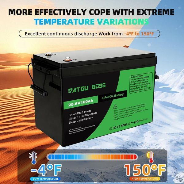 Акумулятор DATOUBOSS 100Ah LiFePO4, 25.6 V, 100 A BMS, Deep Cycle Battery, для кемпінгу та резервного живлення 3665454 фото