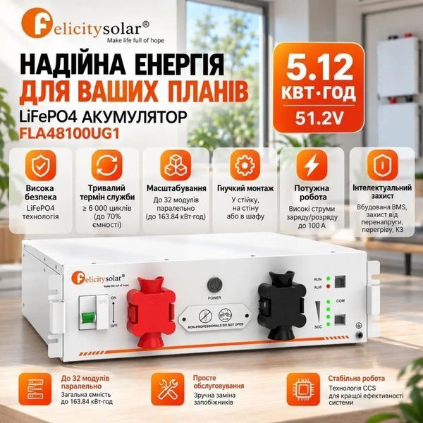 Акумулятор FelicityESS FLA48100UG1 LiFePO4 51.2V 100Ah, 5.12 кВт&middot;год, Smart BMS 100 А, RS485/CAN, IP21 FLA48100UG1 фото