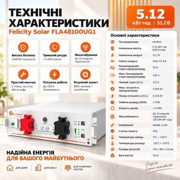 Акумулятор FelicityESS FLA48100UG1 LiFePO4 51.2V 100Ah, 5.12 кВт&middot;год, Smart BMS 100 А, RS485/CAN, IP21 FLA48100UG1 фото